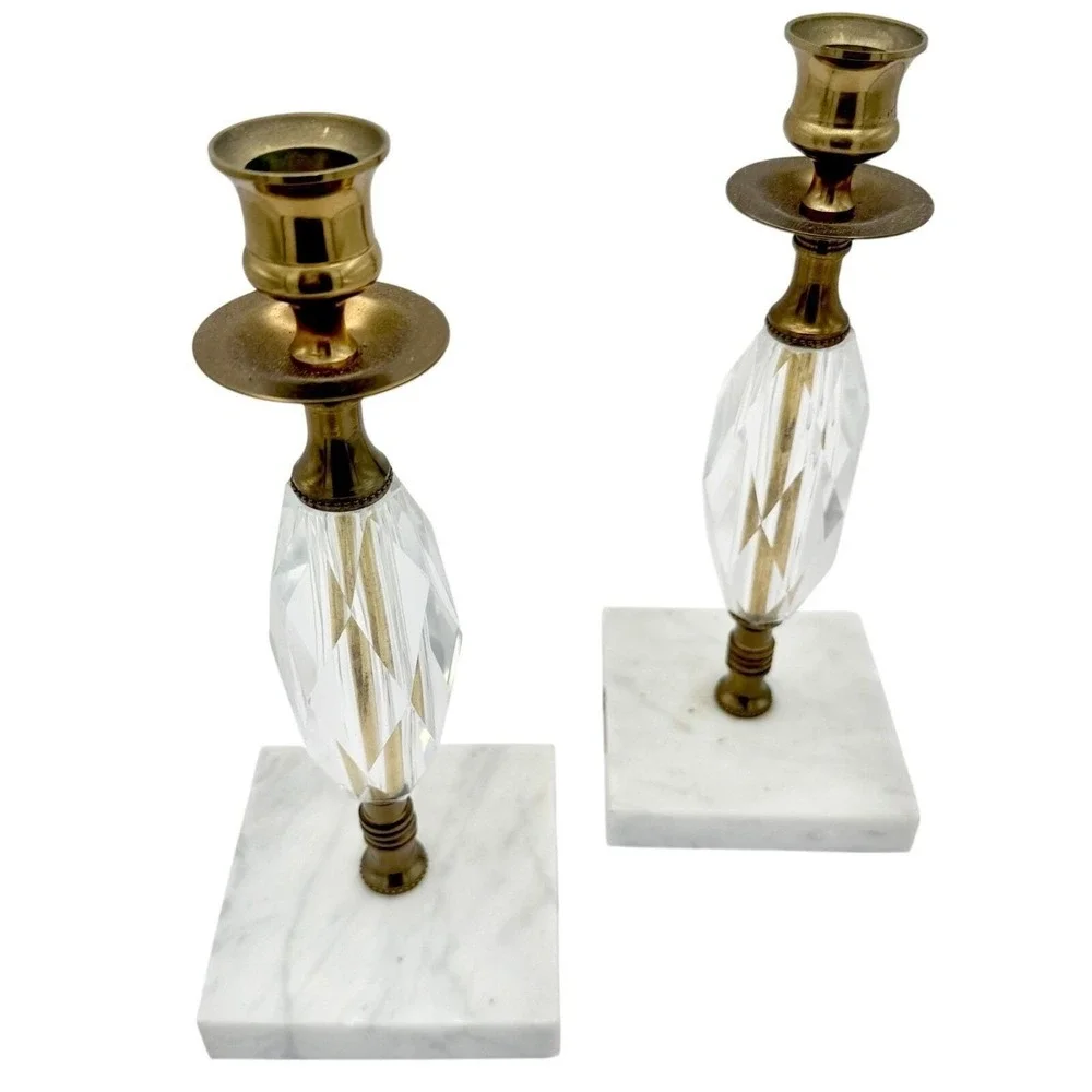 Vintage Marble, Crystal, Brass Italian Candlesticks Italy 10.5